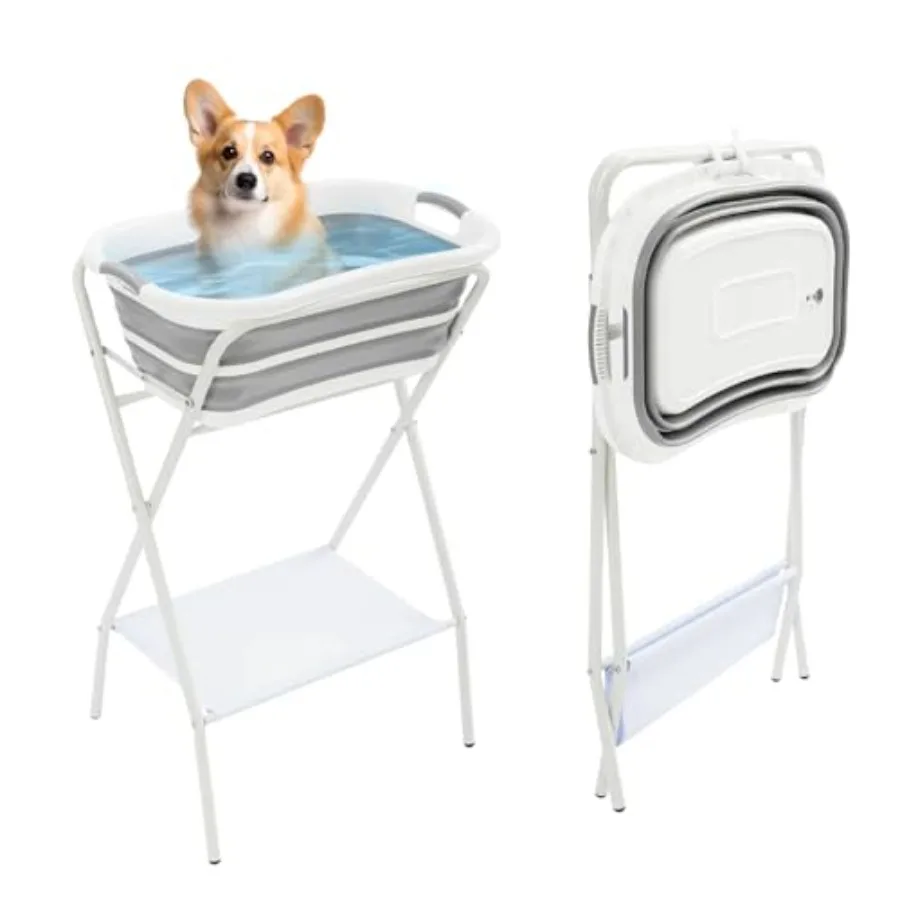 

2 in 1 Foldable Dog Bathtub with Stand for Small Pets Portable Indoor Outdoor Pet Bath with Drainage Tube 26'' L×16.5'' W×38.8'