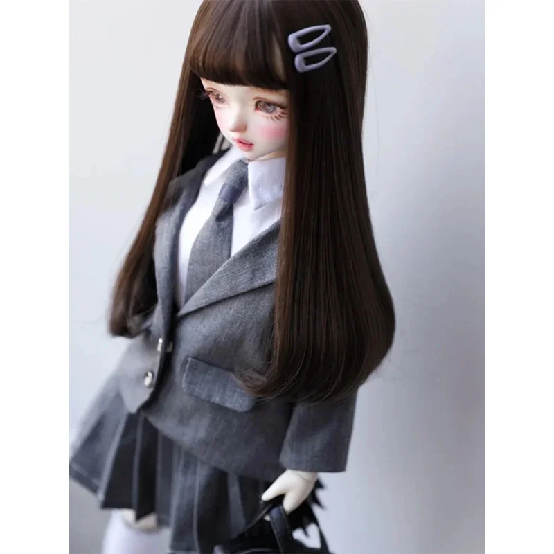BJD Puppenkleidung für 1/4 1/5 1/6 Größe grauer Anzug Langarm weißes Hemd Faltenrock Krawatte Set Puppenzubehör