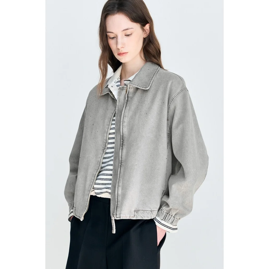 Ultra-Precise Shiny Diamond Cotton Denim Jacket Pure Color Commute Style Short Outerwear Women's Slimming Flip-Collar Coat