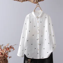 100% Cotton base shirts woman tops 2026 Japan style elegant plus size white blouses long sleeve floral shirts