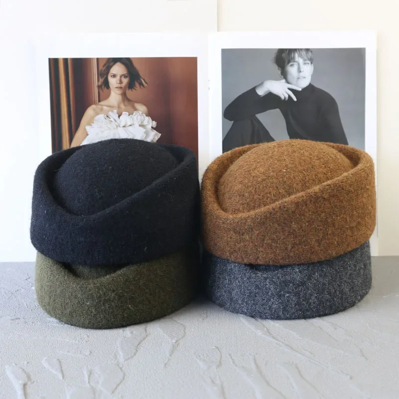 Elegant French Knitted Pillbox Hat for Women Retro Warm Berets Ladies Winter Flight Attendant Hat Formal Party Daily Fedoras Cap
