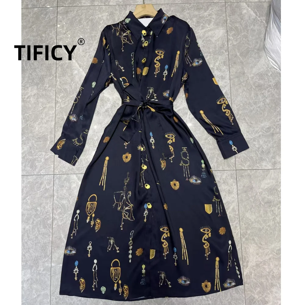 High Street Retro Print Dresses Women's Metal Decorative Long Sleeve Dress Long Streetwear Fashion Party Dress with Waist Belt