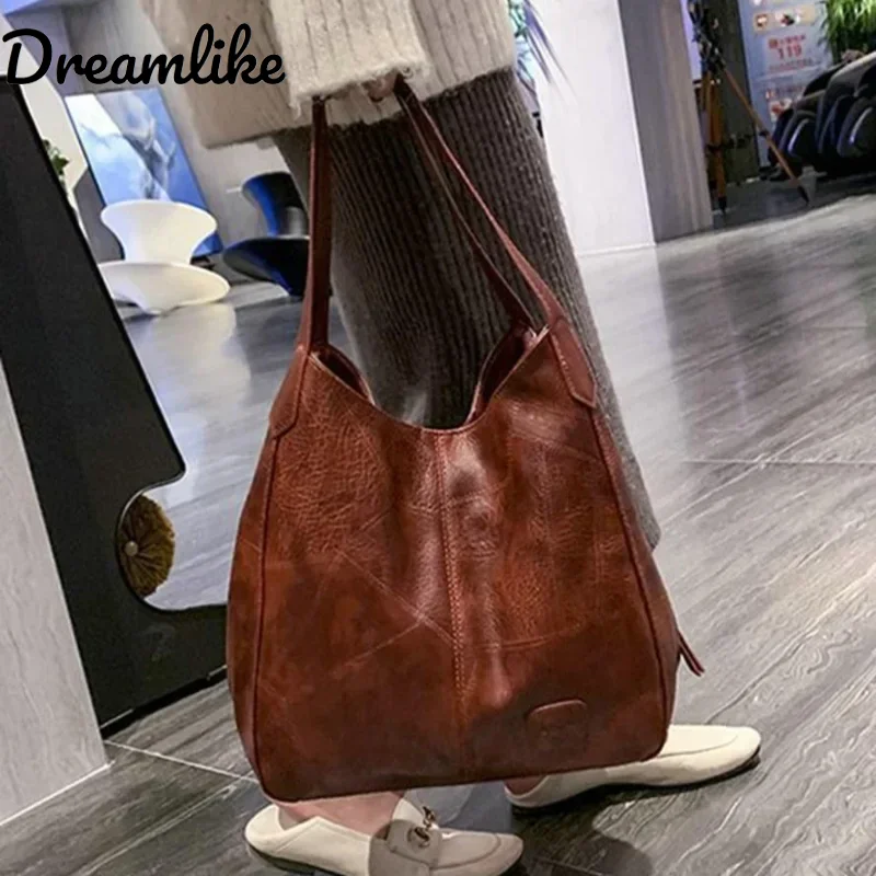 

Vintage Women's Bag Leather Large Capacity Marble Grain Women's Shoulder Bag Daily Commuter Handbag Shopping