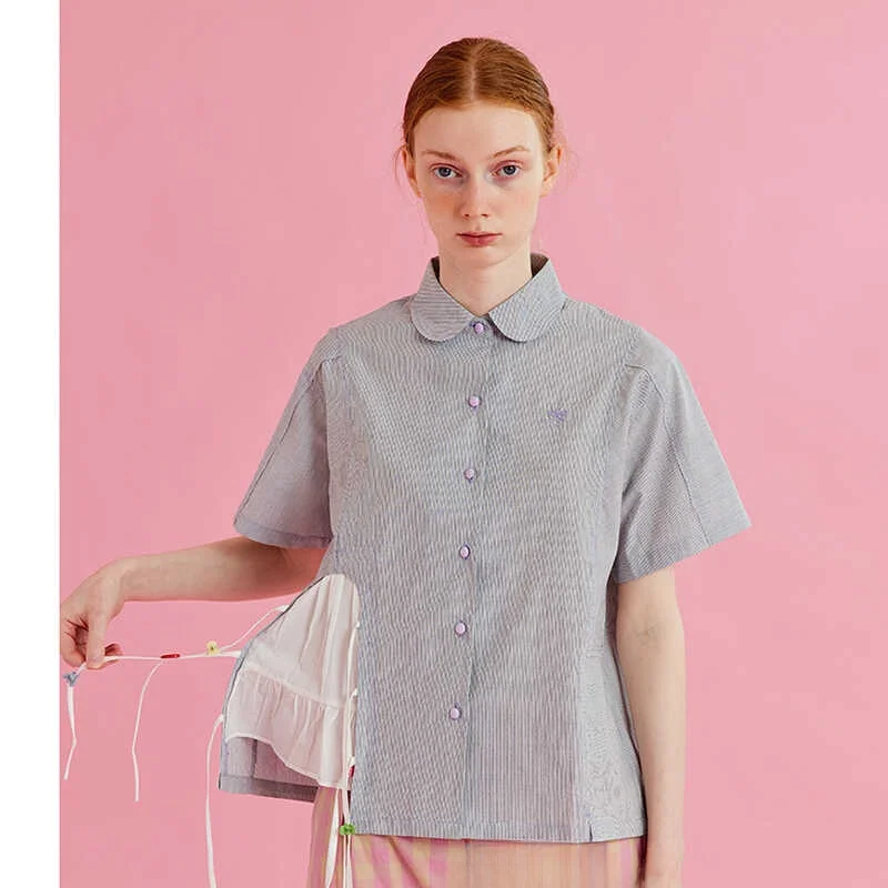 

Damoou2024 New Cute Knot irt Light ey Tooti Stripe irt Women's Cotton Straight Tube ort Sve irt