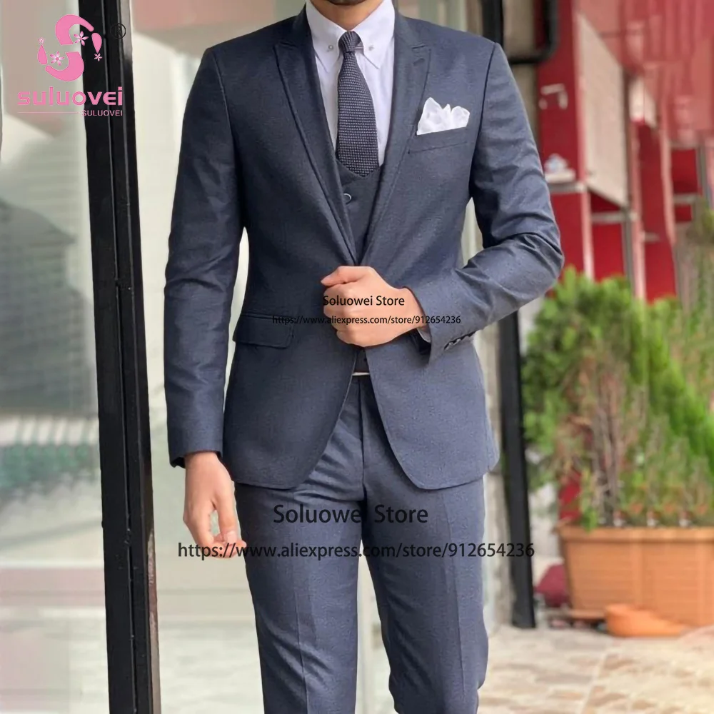 

Fashion Slim Fit Suits For Men 3 Piece Jacket Vest Pants Set Male Formal Groom Wedding Peaked Lapel Tuxedo Costume Homme Mariage