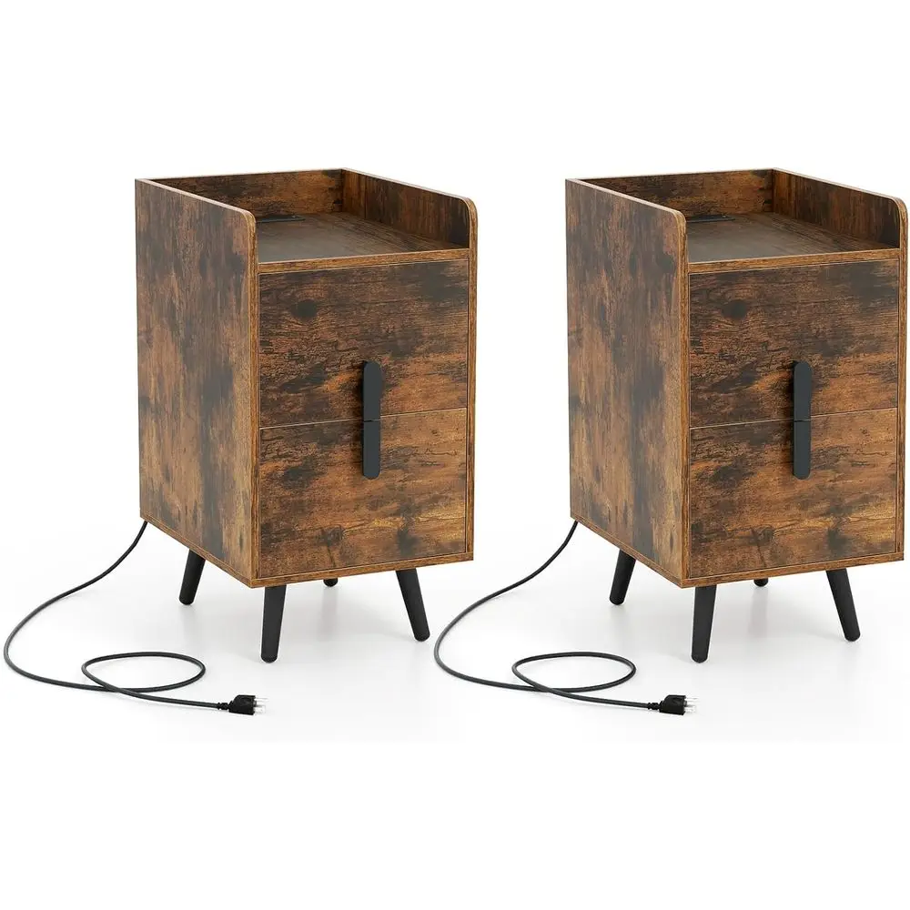 Night Stand Set 2 with Charging Station, Narrow End Tables w/2 Ders, USB & Type-C Port & 3 Outlets & Metal Legs, Soa Side Bede T