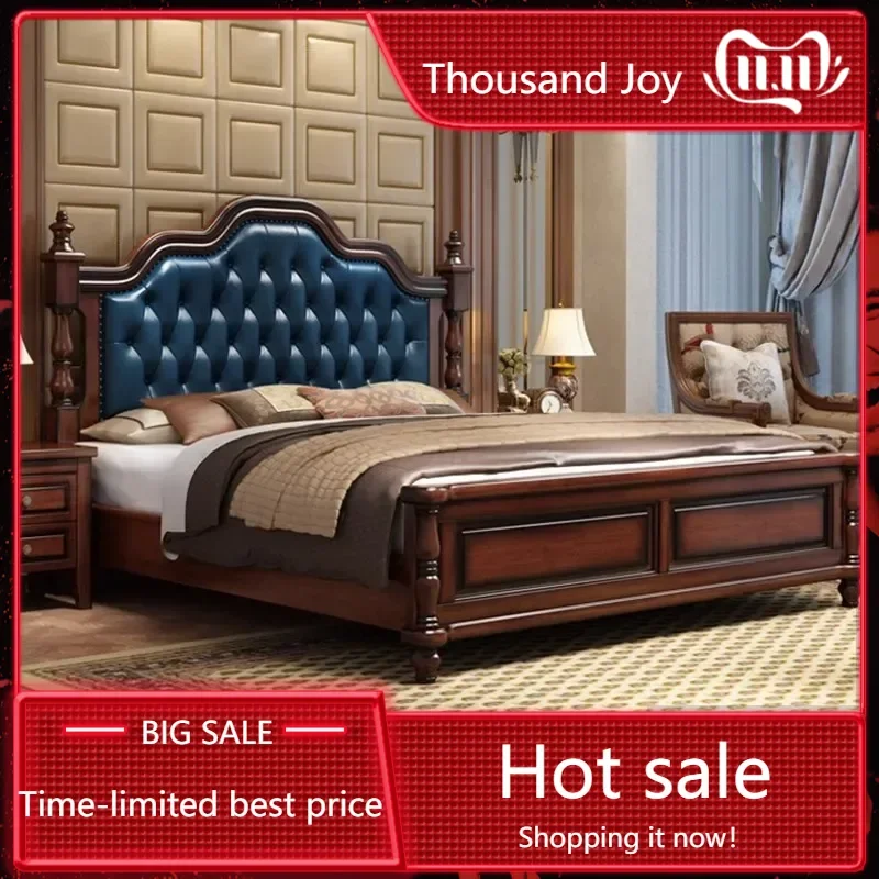 American Wooden Double Bed Frame Simple European Modern Leather Princess Queen Bed Bedroom Storage Cama Box Casal Furniture Home