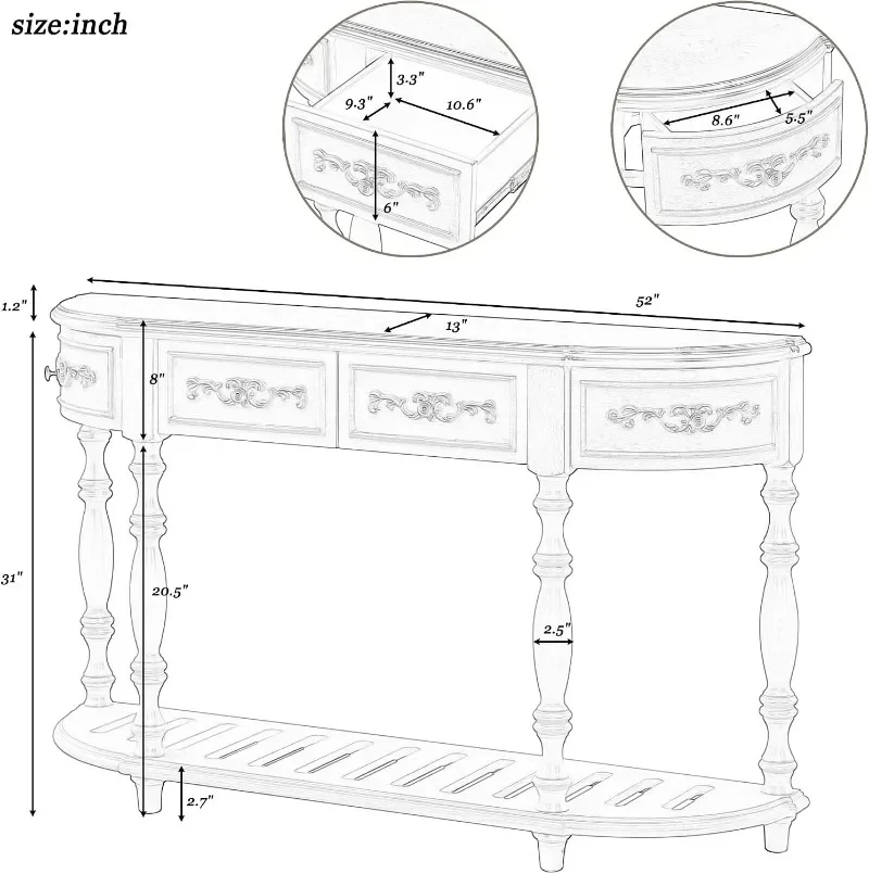 Retro Wood Curved Entryway Console Table 52-Inch Half Moon Hall Sofa Table with Drawers & Shelf for Living RoomHallwayFoyer Home