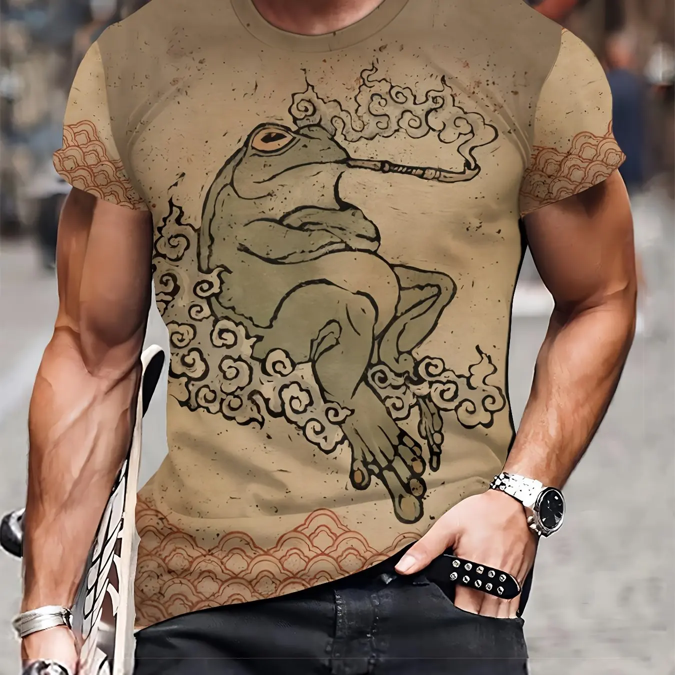 

Japanese Ukiyo-E T-Shirt For Men 3d Funny Frog Print Short Sleeved Top Summer Casual Streetwear Oversized Round Neck T-Shirts