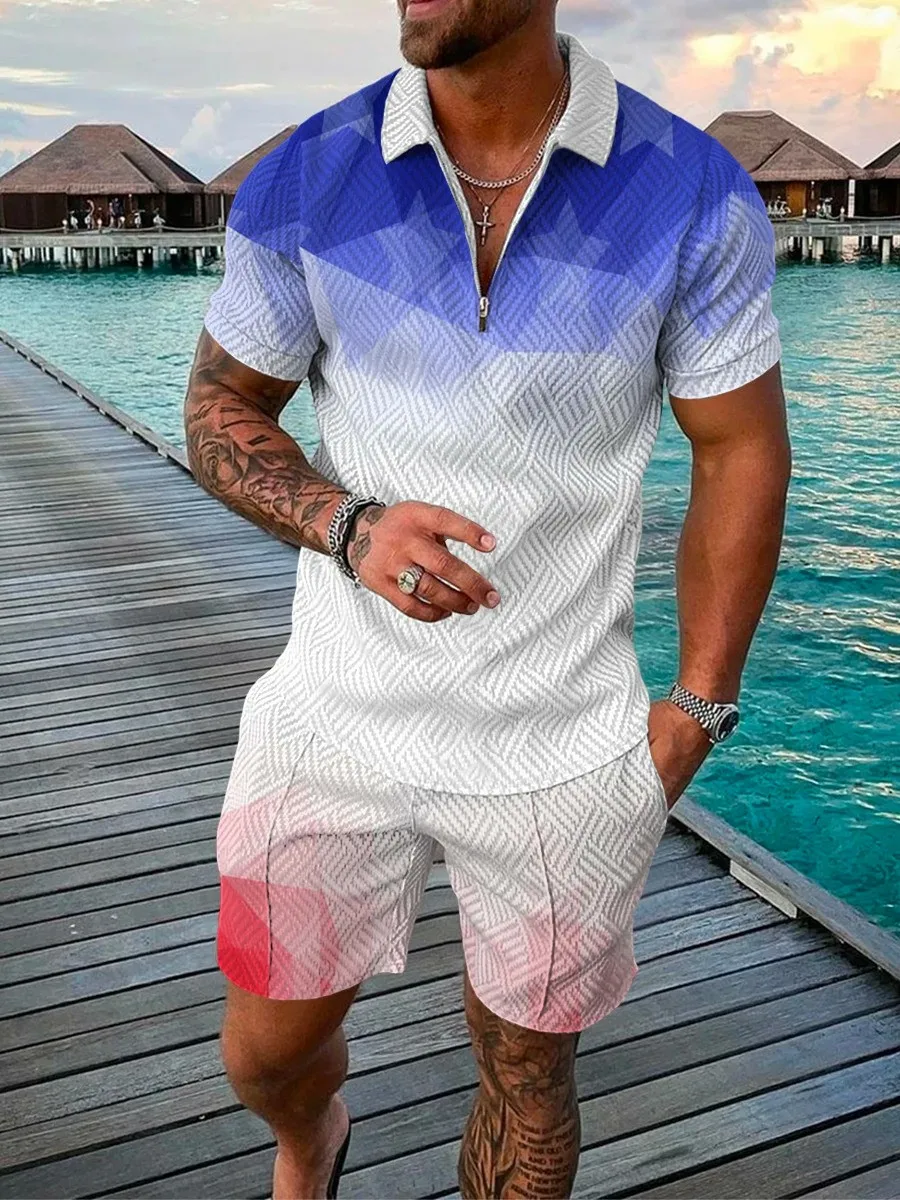 Men's Summer Sportswear Men's Suit 3D Printed Casual Short Sleeve T Shirt Lapel Zip Polo Shirt Men's Clothing Running Sports