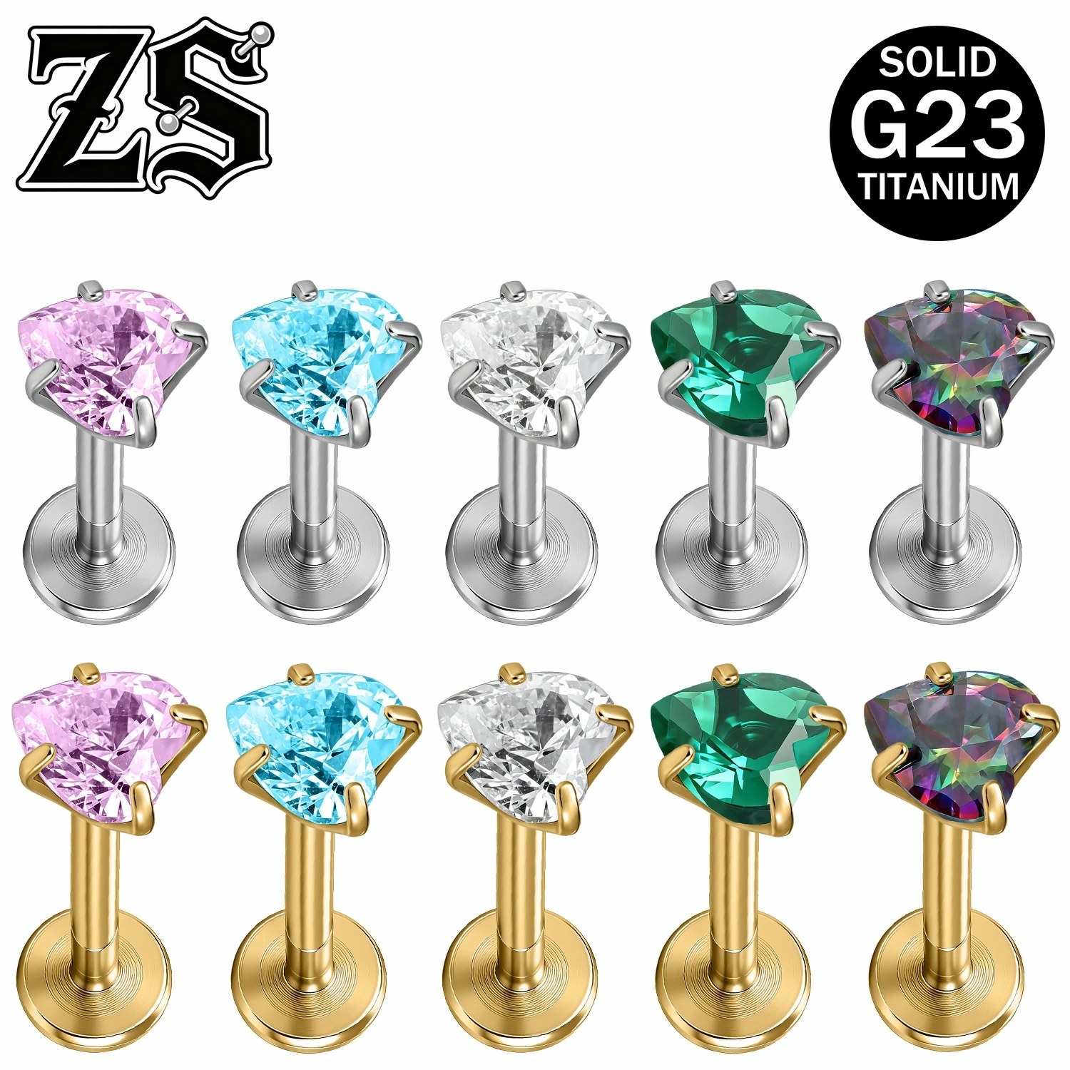 

ZS 16G 1 PC/1 Pair ASTM F136 Titanium Labret Lip Studs Women Girls Colorful Zircon Stud Earrings Heart Ear Conch Helix Piercings