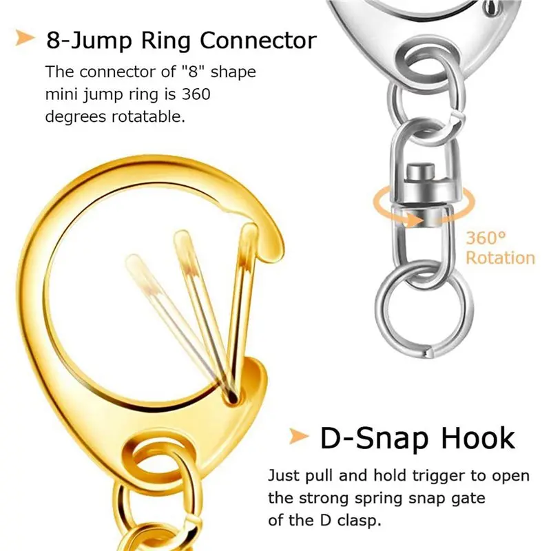 J1UL1N 500 Piece D Hook Keychain Hardware With Jump Rings, Metal Split Key Ring Clips With Chain For Craft Charm Making DIY