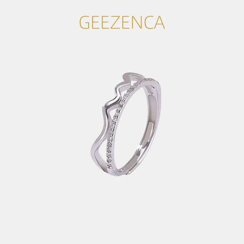 

GEEZENCA 925 Sterling Silver Cubic Zirconia Wavy Curve Polished Duo Band Open Ring Women Simple Trendy Stacker Rings Party Gift