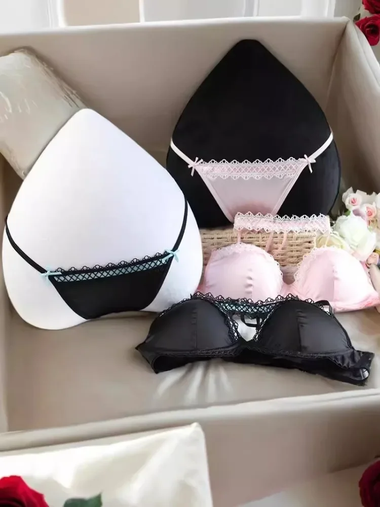 MOYISU Pure Desire Sexy Satin Patchwork Lace Bra Set Pink Halter Underwear for Young Men Dreamy Lolita Style