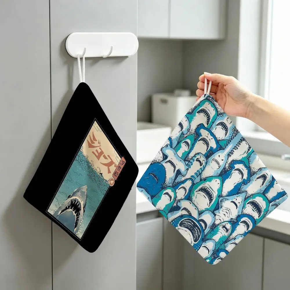 arts whites shark Polyester Cotton Daily Towel Hanging Kitchen Hand Wiping Cloth Durable for Whole House Use