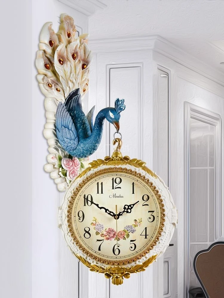 European double-sided wall clock living room atmosphere two-sided peacock American light luxury quartz clock creative home wall