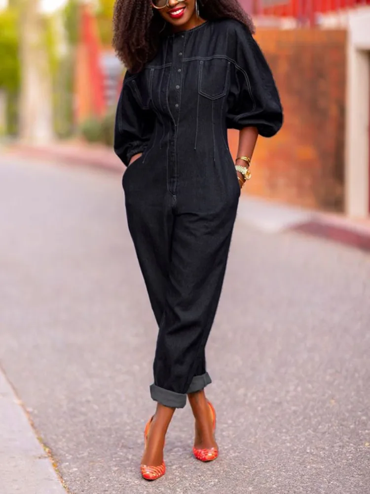Gymystars Fashion Denim Jumpsuit for Women Puff Sleeve Holiday Outfit Loose Round-Neck Button High Street Ladies Romper Jeans
