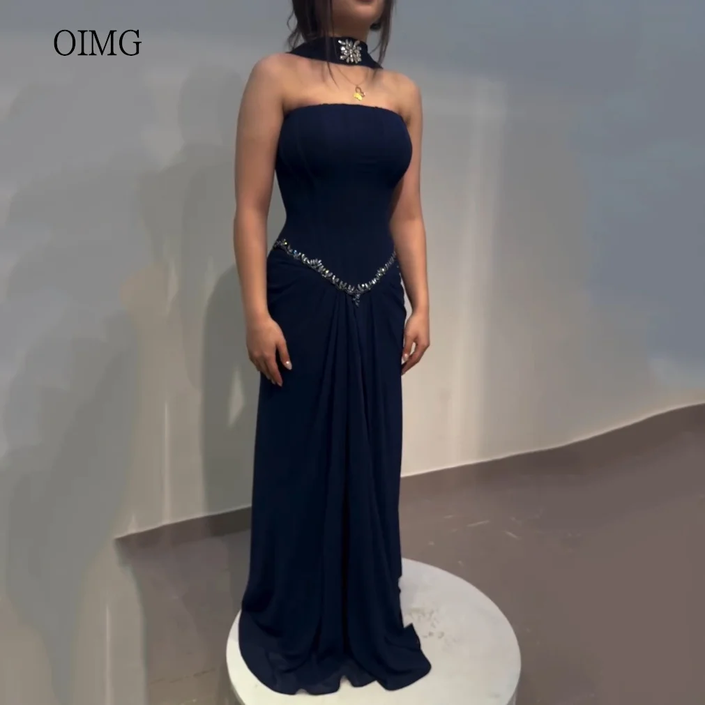 

OIMG Modern Navy Blue Mermaid Prom Gowns Strapless Pleated Party Gown Chiffon Floor Length Evening Dress Customized