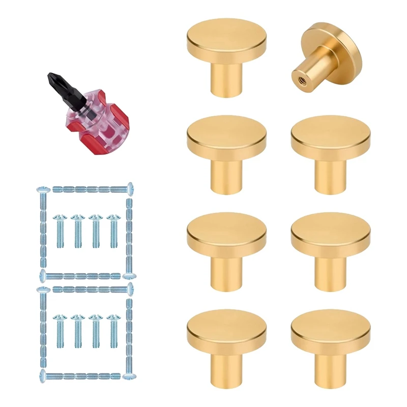 

ABPQ-Gold Cabinet Knobs - 8Pcs Brushed Brass Round Pulls Handles For Kitchen, Dresser, Cupboard, Wardrobe, Furniture