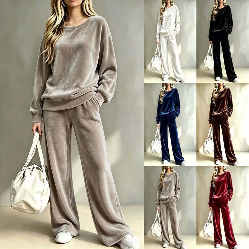 2 Pieces Set for Woman Autumn Winter Elegant Fuzz O Neck Knitted Thicken Sweater Suits Fashion Casual Loose Keep Warm Pant Sets