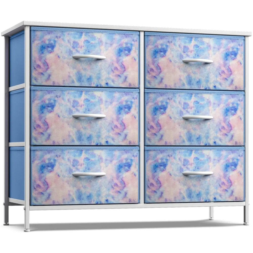 

Kids Dresser with 6 Drawers Storage Chest Organizer Unit with Steel Frame, Wood Top amp Handles, Tiedye Fabric Bins for Clothes