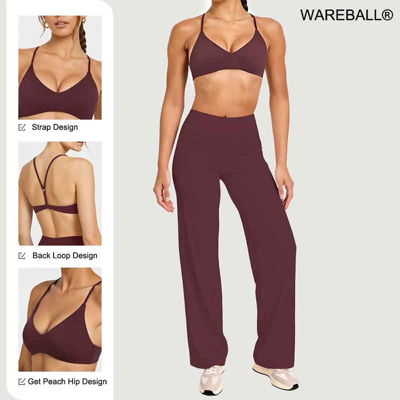 ชุดออกกำลังกายผู้หญิงแบบ 2 ชิ้น เสื้อชั้นในทรงสลิมฟิต กางเกงขายาวทรงกว้าง ชุดฟิตเนส ชุดออกกำลังกาย ชุดกีฬา เอวสูงทรงสลิมฟิต