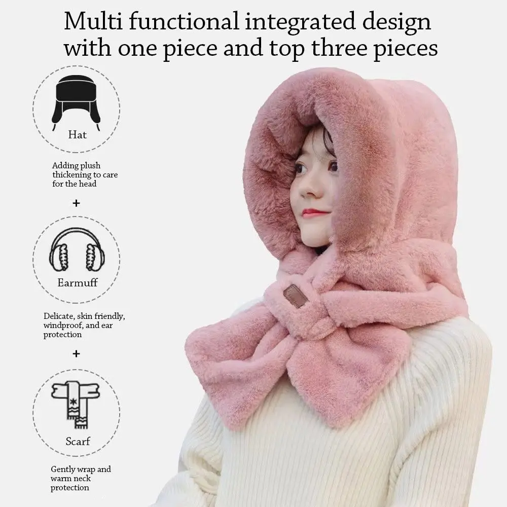 Winter Windproof Integrated Cap Scarf Thickening Beanie Hat Scarf Warm Soft Neck Warmer for Women
