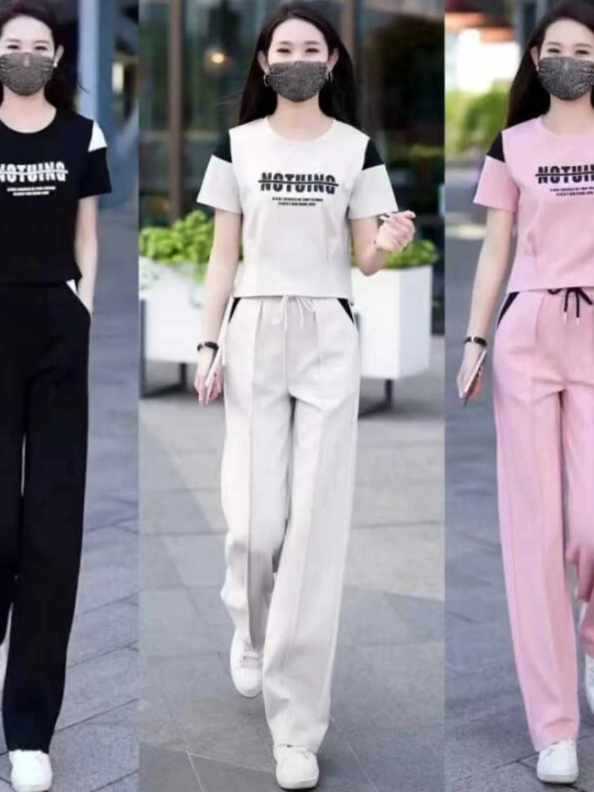 

Slim Fit Sporty Casual Set Women's Short Sleeve Wide Leg Pants Two Piece Suite Fashionable Youthful Style Thin Material