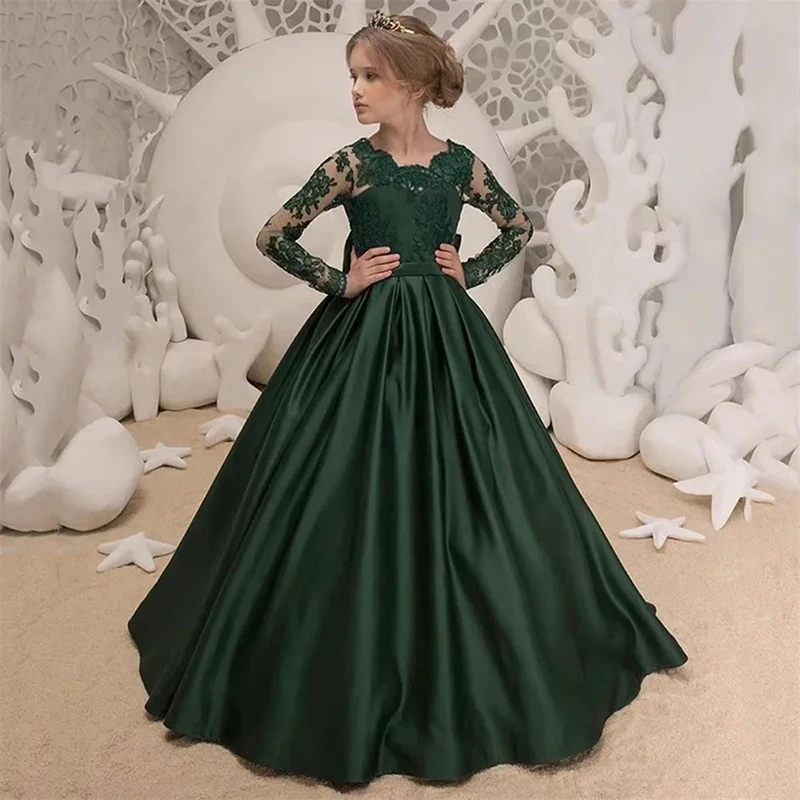 

custom color Flower Girl Satin dress green long sleeve Stickers belt bow kids first formal occasion birthday ball evening gown