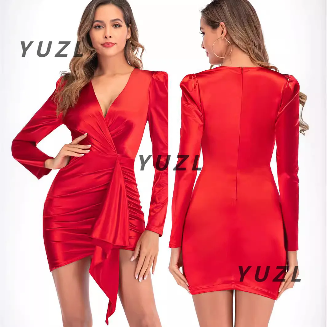 2025, neues kleines Kleid, europäische und amerikanische Damenbekleidung, sexy langärmeliges Party-rotes Kleid