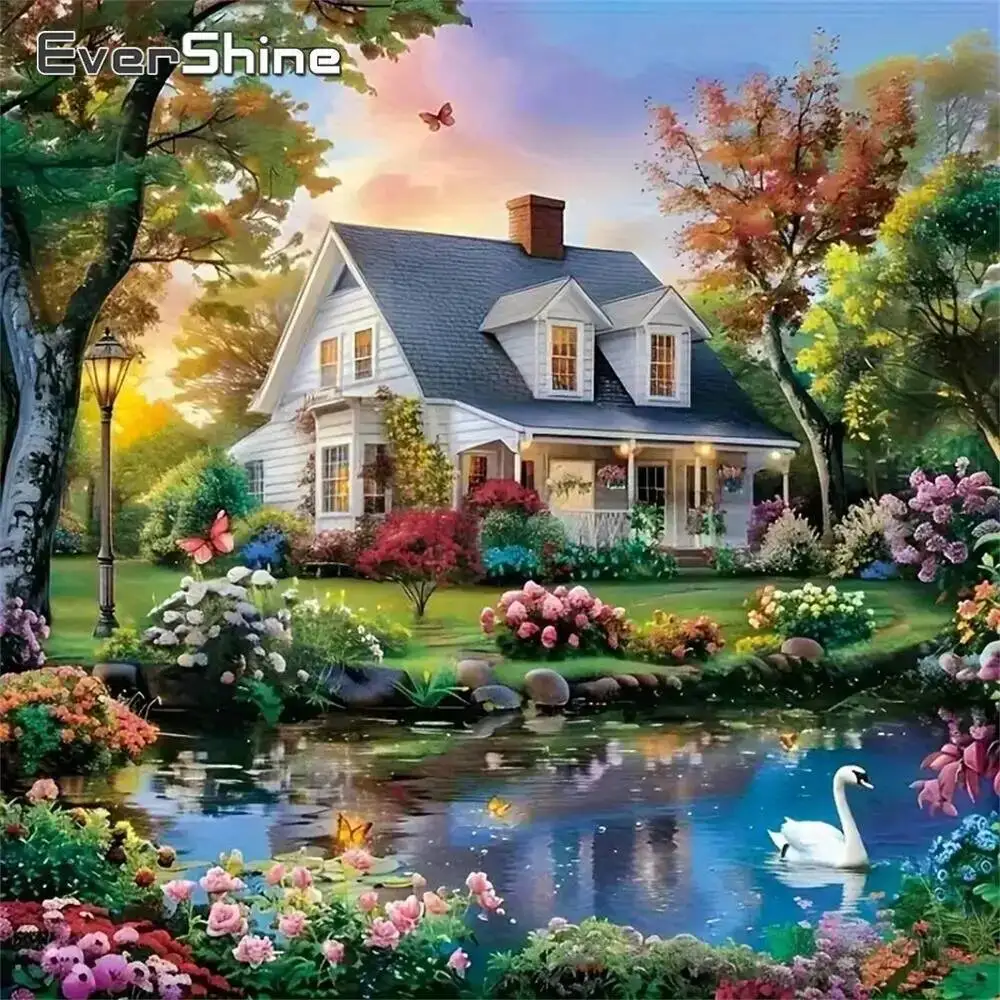 Evershine DIY Diamond Mosaic House Landscape Cross Stitch Diamond Painting Lake Picture Rhinestones Decor For Home