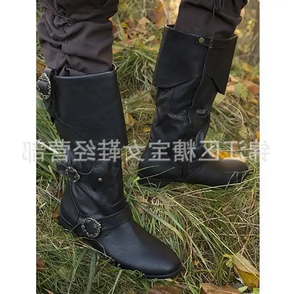 Men Faux Leather Medieval Boots Renaissance Gothic Viking Pirate Mid Calf Boots Halloween Cosplay Shoes