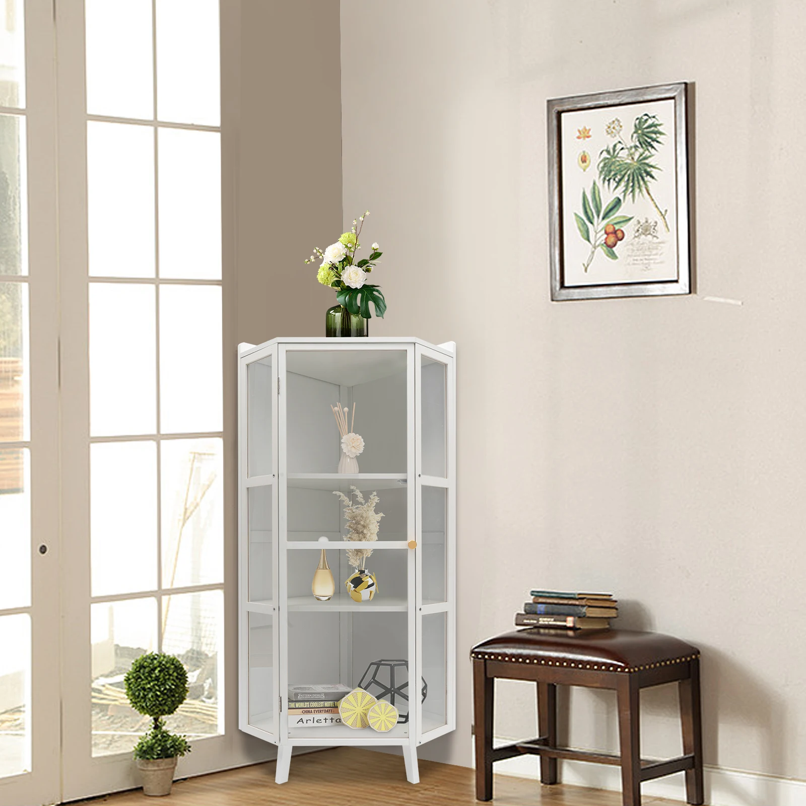 CNCEST Home Floor Corner Cabinet Display Storage Cabinet with Windowpane Glass Doors Home Space Saver Waterproof