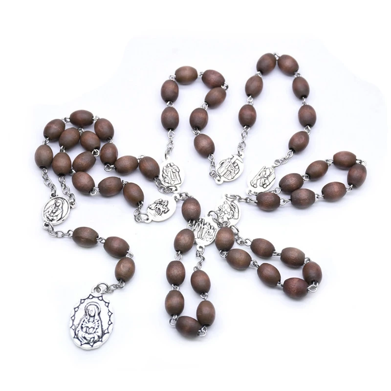 Seven Bitter Necklace Pendant Wooden Beads Virgin Mary Rosary Catholic Religious Pray Jewelry Brown