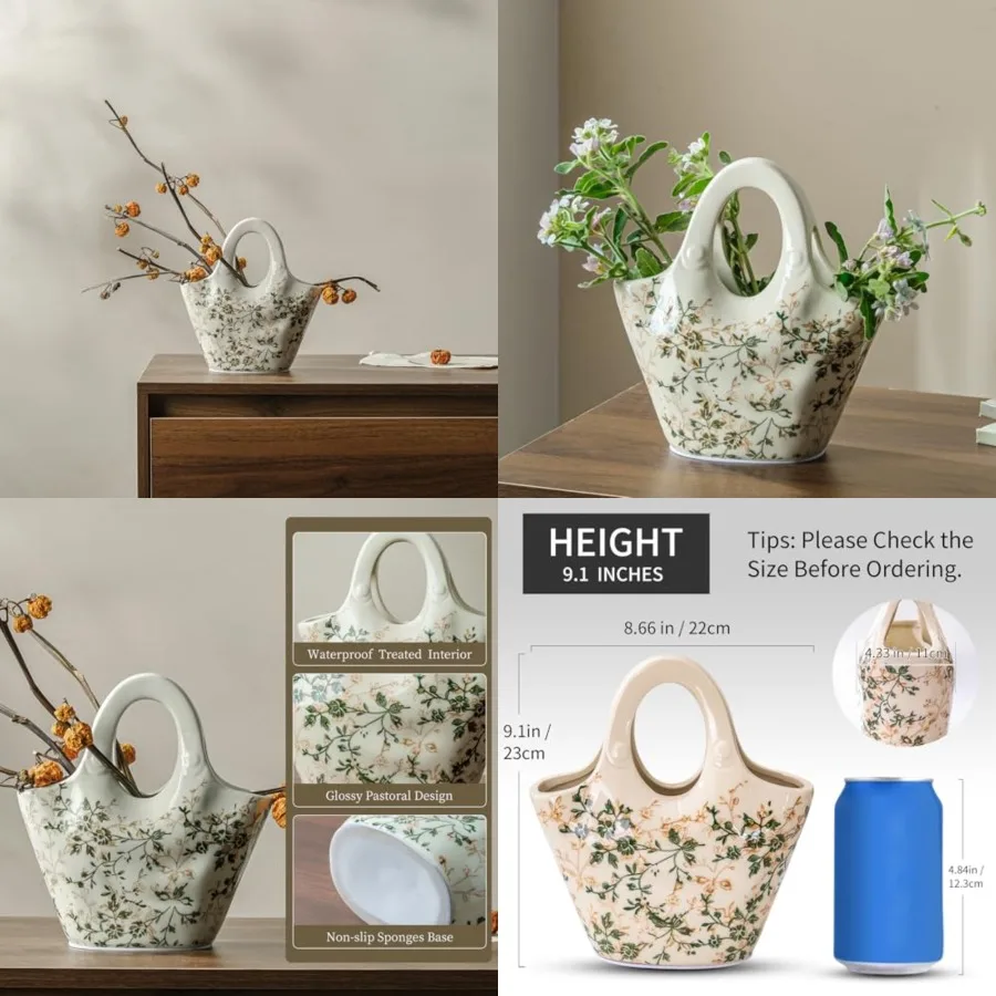 

Ceramic Purse Vase 9", Vintage Green and Beige Floral Handbag Vase, Rustic Farmhouse Decor for Living Room, Bedroom, Table Cent
