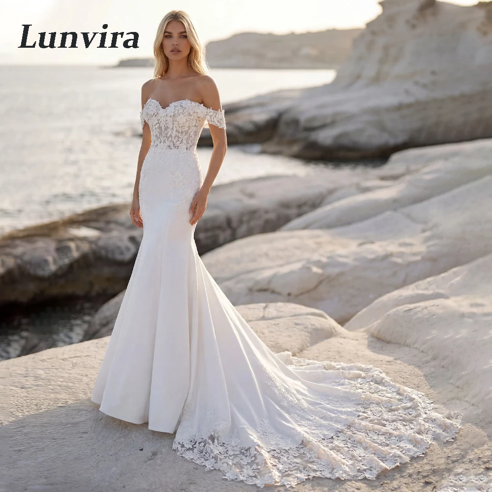 Lunvira Stylish Sweetheart Brides Dress for Women Satin Off the Shoulder Trumpet Court Train Vestido De Casamento Customized