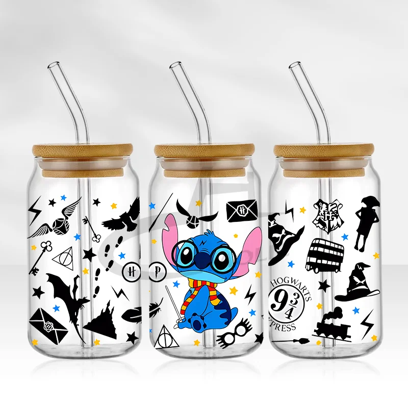 UV DTF Cup Wrap Blue Cartoon Transfers 16oz UV DTF Libbey Wrap Tumbler Stickers Glass Can Selfadhesive Waterproof