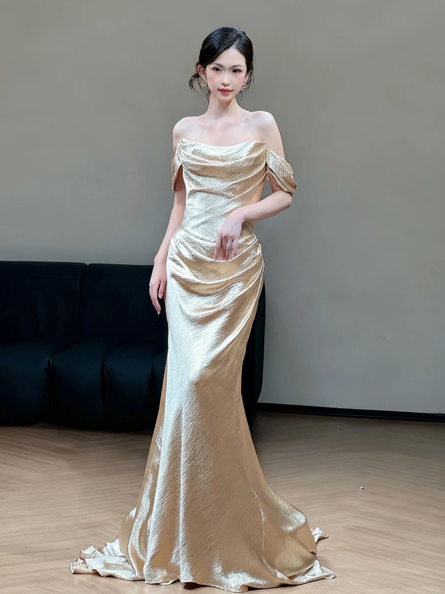 

Ele Satin Fi Tail Evening Gown One oulder Wedding Dr for Bridal Toast Faionable mid Waist Long Skirt Poly Fiber