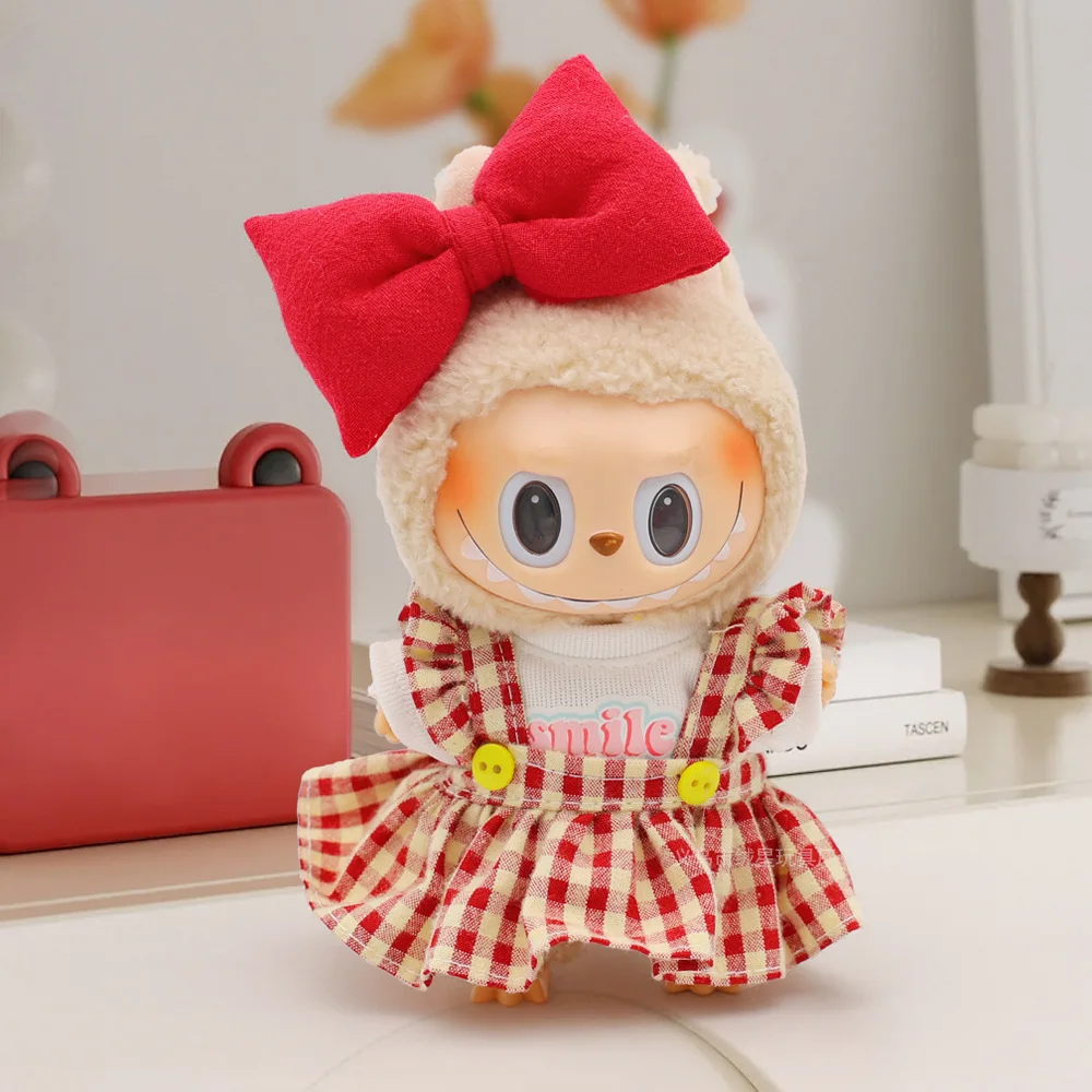 Roupas de boneca para 15/17cm labubu boneca de pelúcia menina vestido xadrez arco acessório de cabelo menino pato bill boné camiseta conjunto boneca casal conjunto