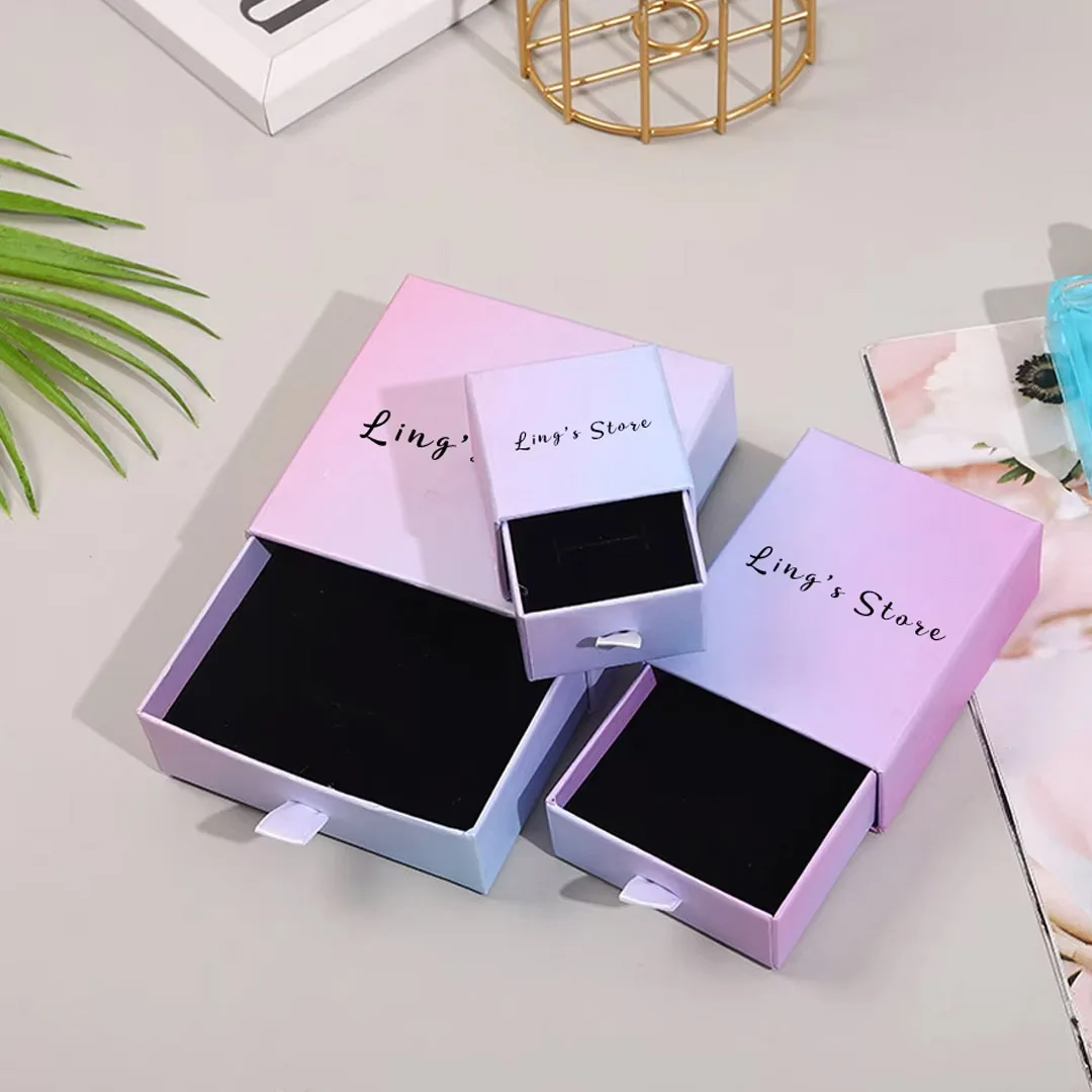 

50Pcs Personalized Logo Gradient Purple Jewelry Drawer Box Gift For Ring Earring Bracelet Pendant Display Packagaing Organizer