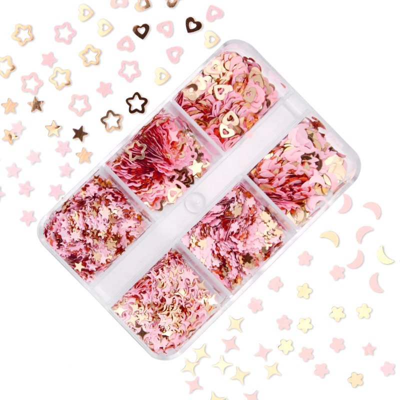 

Pink Gold Nail Glitter Sequins with Mix Star Moon Cherry Blossom & Love Heart Flakes for Manicure Decorations Nail Accessories
