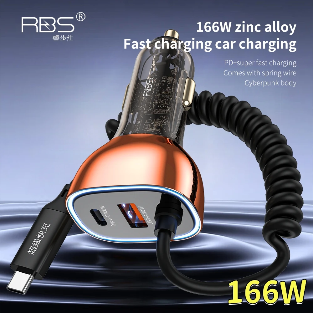 

166W Car Charger Transparent Alloy USB 3 in 1 Fast Charging Cable for IPhone Quick PD QC3.0/4.0 Type C Car USB Fast Charging