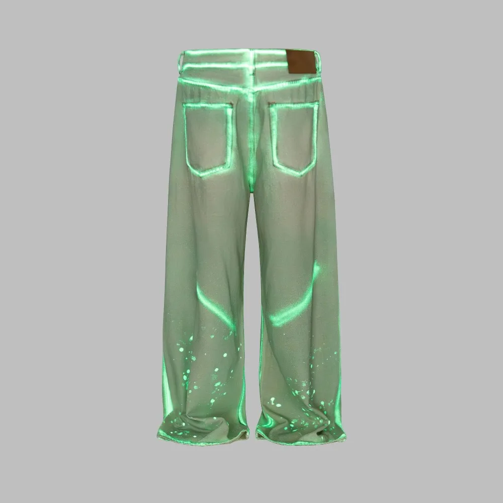 High Street Jeans Pants Women's Mint Green Fluorescent Coating Mud Stained Used Dirty Washed Loose Wide Leg Denim Pant
