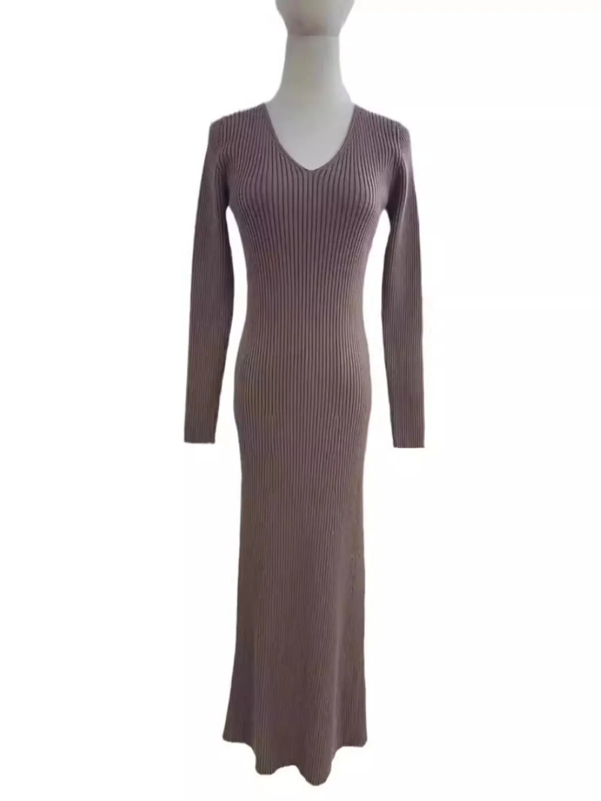 Vestido Sexy de Malha com Decote em V, Camada Base, Estilo Urbano, Cintura Alta, Manga Longa, Saia Bodycon, Vestido de Poliés...