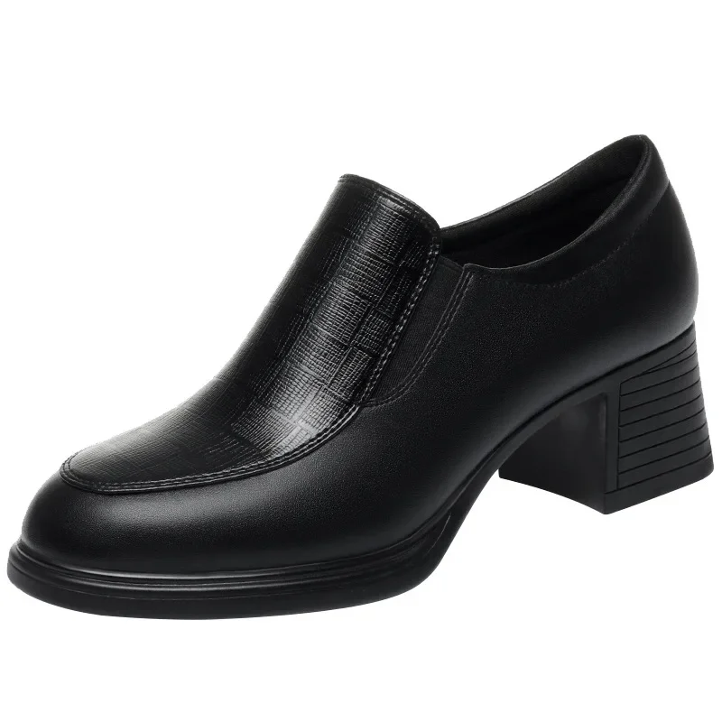 4cm 5cm Vintage Med Block Heels Soft Leather Shoes Women Loafers 2024 Spring Breathable Black Platform Shoes for Office Mom