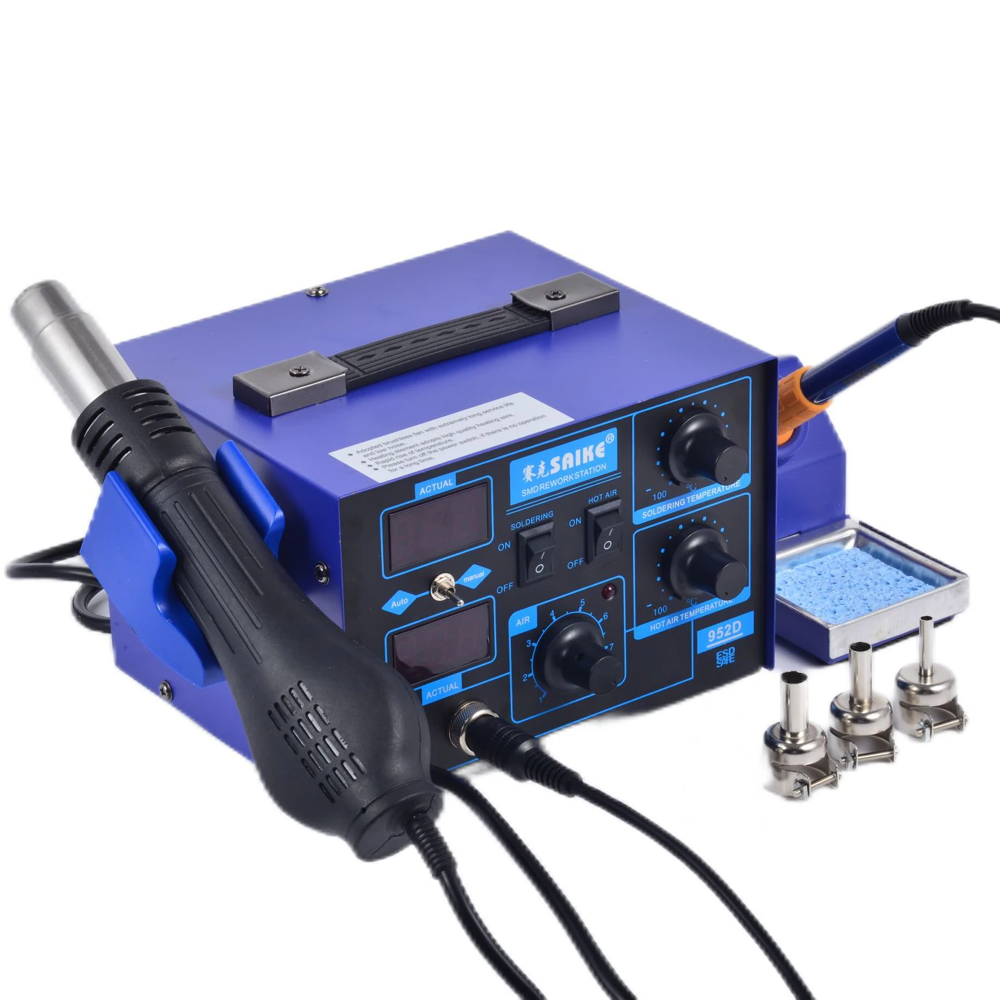 Saike 952D Hot Air Gun Station 220V 110V Heat Gun Soldering Iron Station 2 in 1 900M tip BGA Rework soldering station Kit Holder