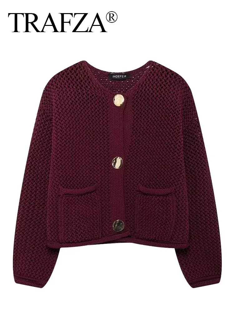 TRAFZA Women Vintage Wine Red Sweater Cardigan Female Metal Buttons Long Sleeve Coat With Pockets Fashion High Street Knitwear