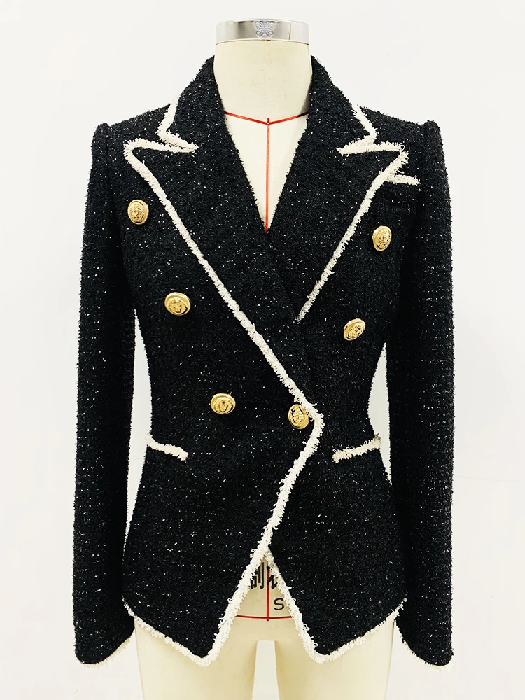 HIGH STREET Newest Fashion 2024 Designer Jacket Women\'s Slim Fitting Lion Buttons Contrast Color Fringed Tweed Blazer