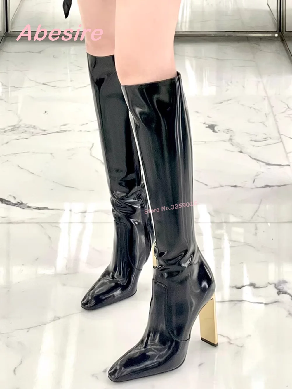 

Round Toe High Boots Gold Heels Stiletto Knee Women's Boots Winter Casual Side Zipper Runway Party Shoes Plus Size Black Sexy