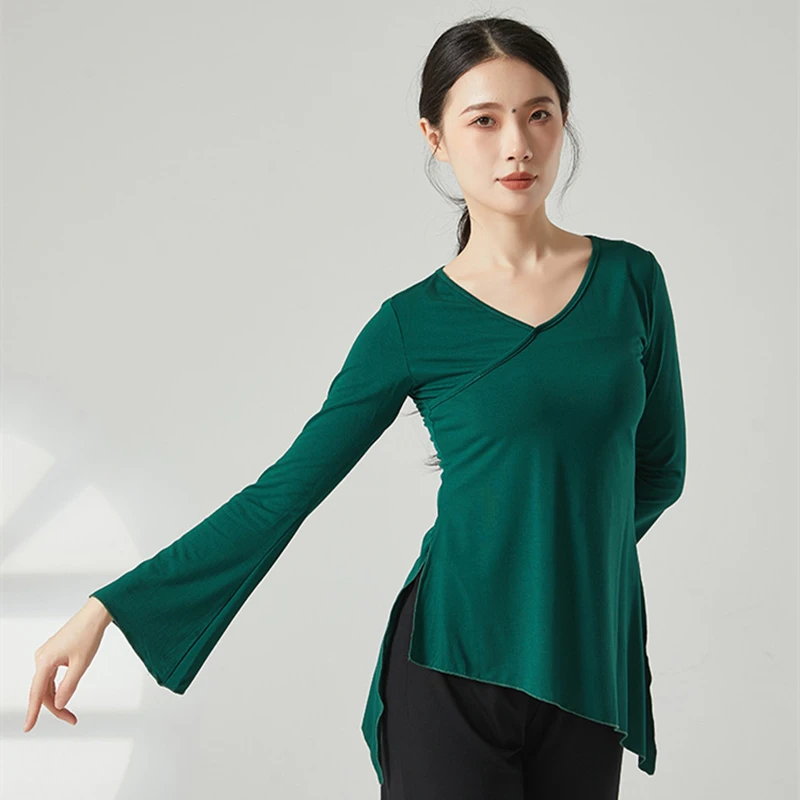 Chemise évasée à manches longues pour femmes, costume de compétition de performance d'entraînement, vêtements de danse folklorique chinoise fluide, t-shirt de danse classique